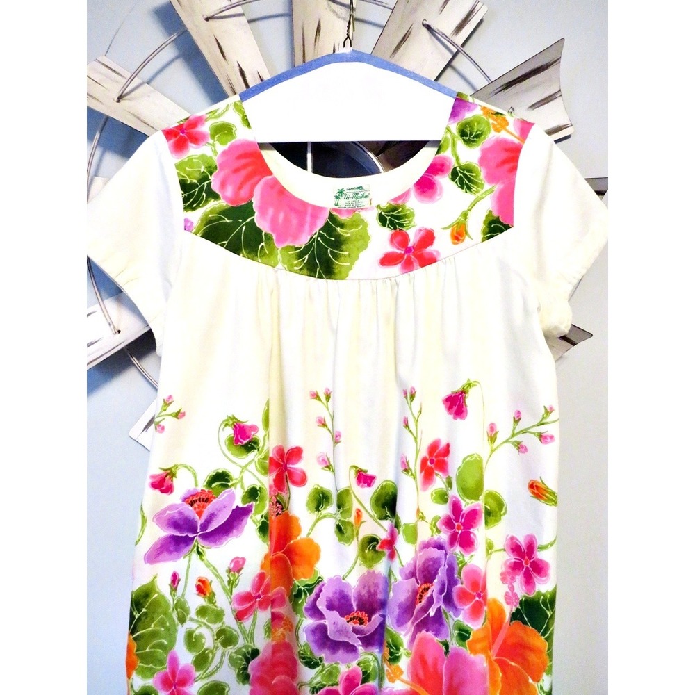 Vintage Ui-Maikai Hawaiian Floral Dress 100% Cotton Tropical Muumuu Pocket